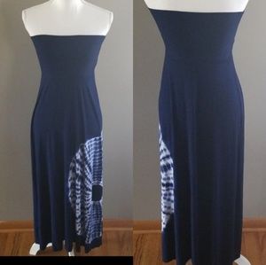 Navy blue strapless maxi with white tie dye detail